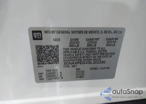 2025 Chevrolet Equinox Awd Lt из США, поврежденный, VIN 3GNAXPEGXSL301290